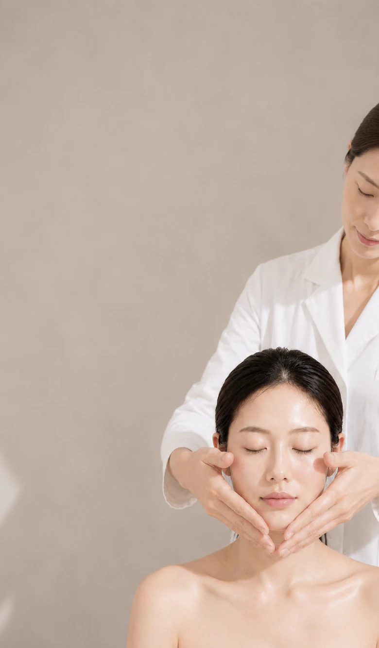 An aesthetician caring for a client's face