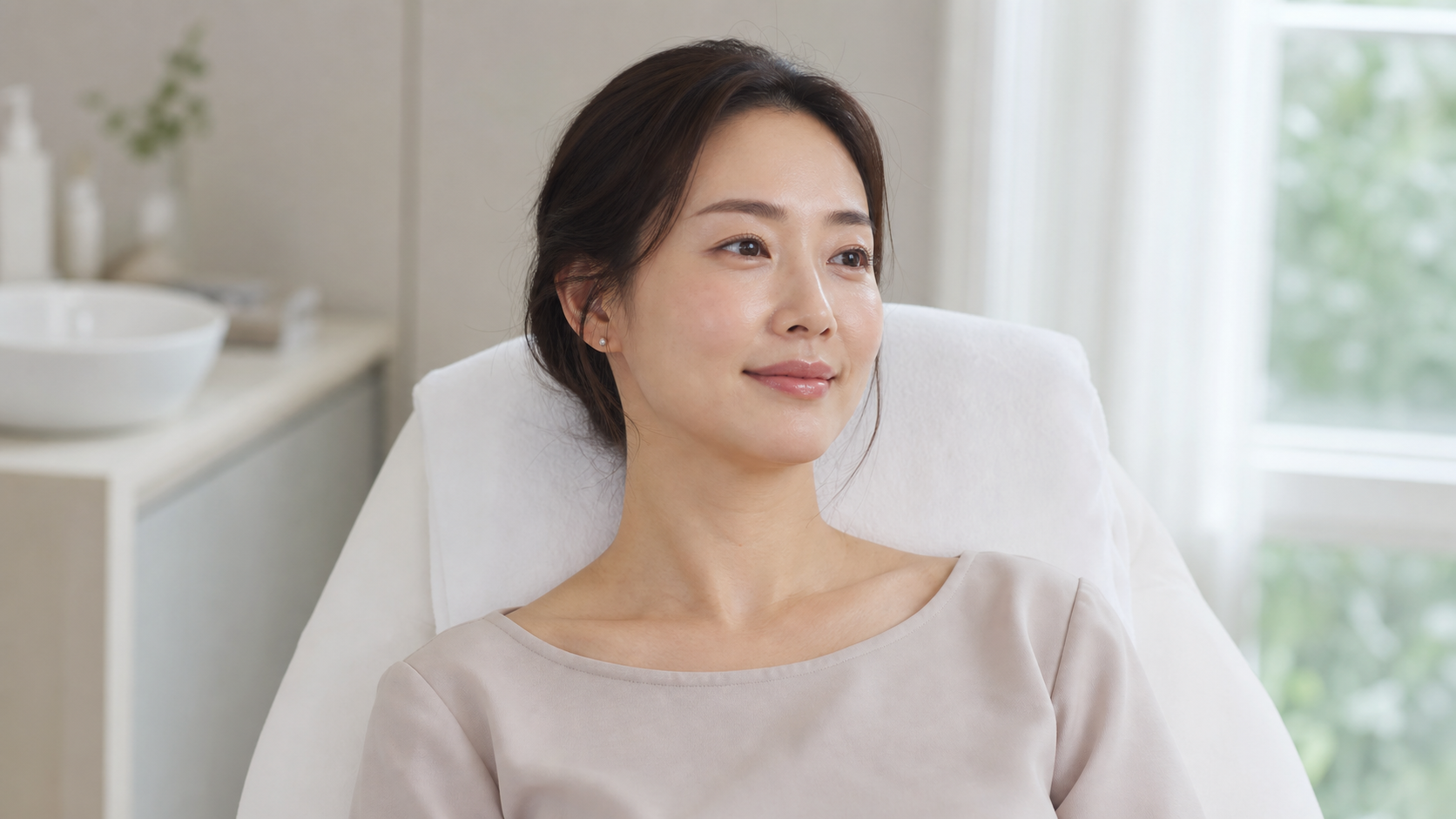 A woman resting in a calm esthetic studio, with her face, neck, shoulders, and collarbones visible, the areas covered in face sculpting