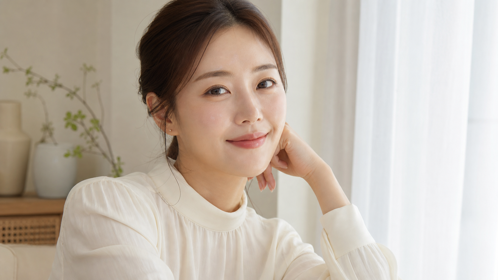한국인 여성이 촉촉하고 매끈한 피부로 자연스럽게 미소짓는 사진