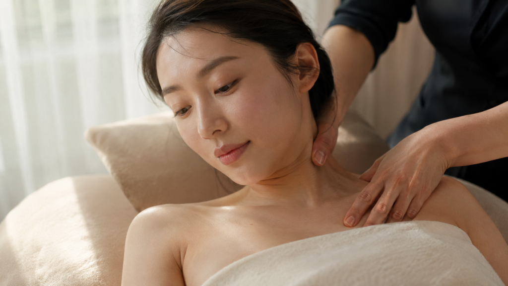 한국인 여성이 목과 어깨를 손으로 관리받는 사진으로 손으로 하는 수기 관리를 나타낸다