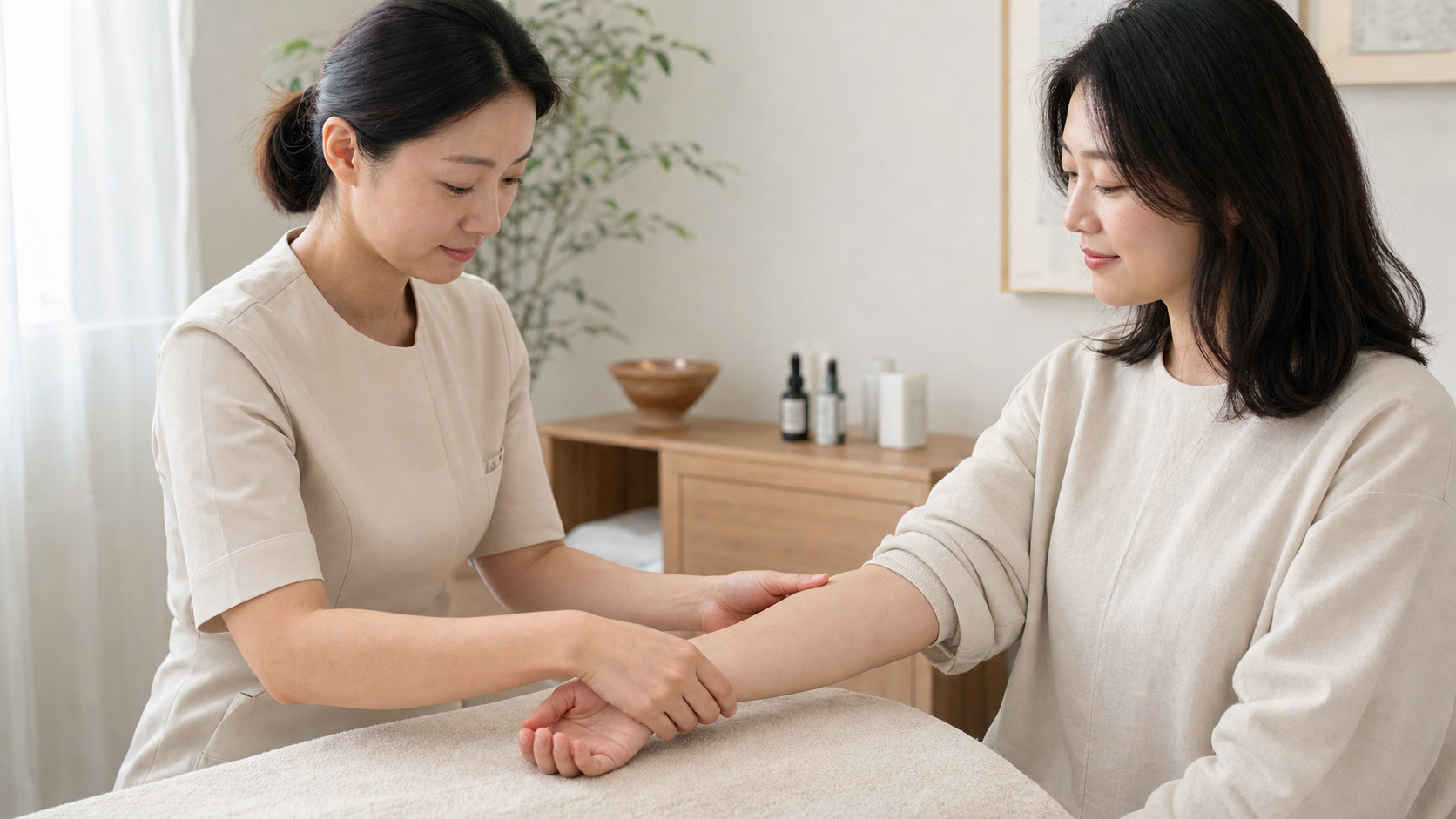 한국인 여성이 팔과 다리를 손으로 관리받는 사진