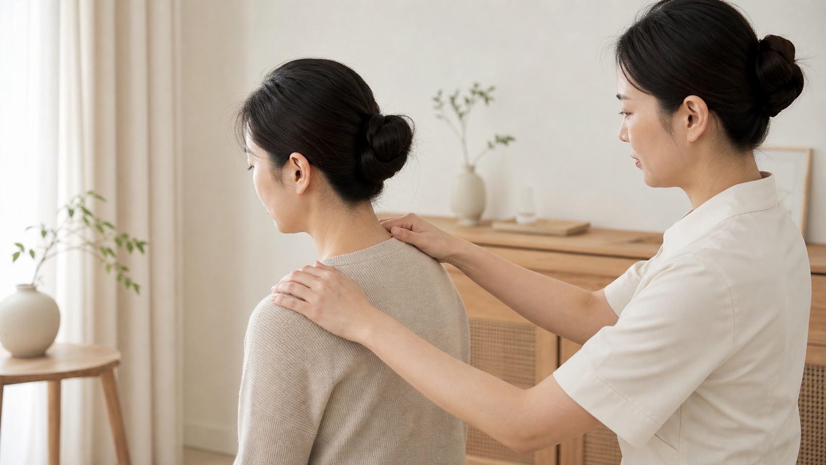 한국인 여성이 에스테틱 공간에서 목뒤와 승모근 부위를 부드럽게 관리받는 사진