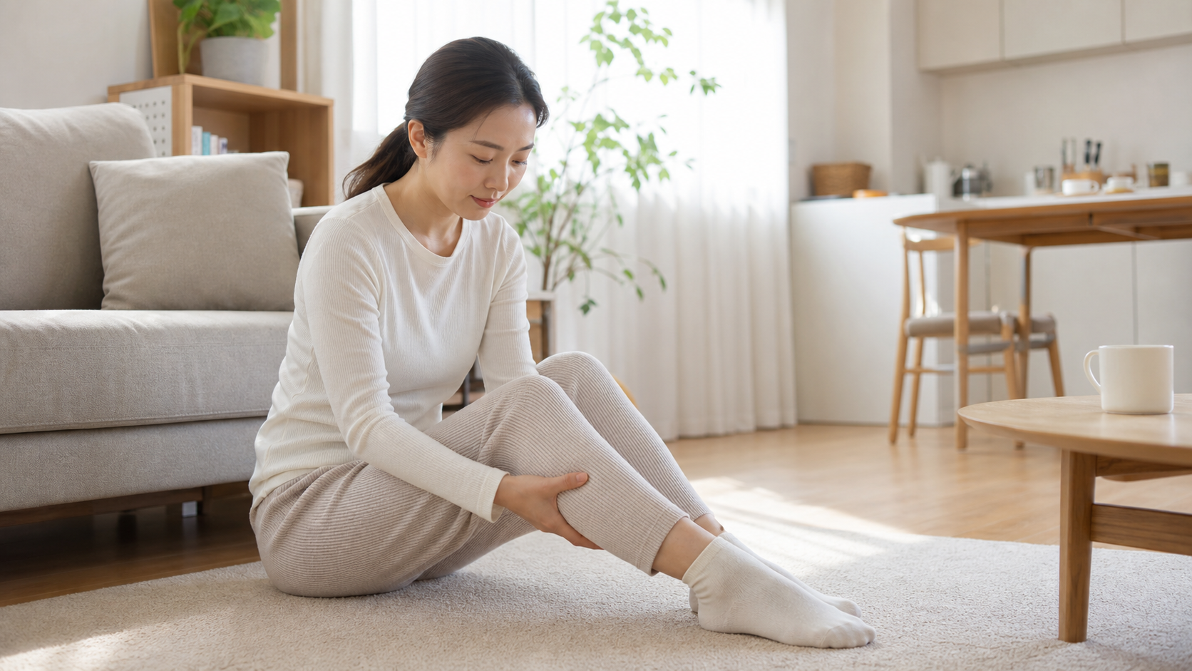 한국인 여성이 아침에 편안한 옷차림으로 다리의 무거운 느낌을 살피는 사진