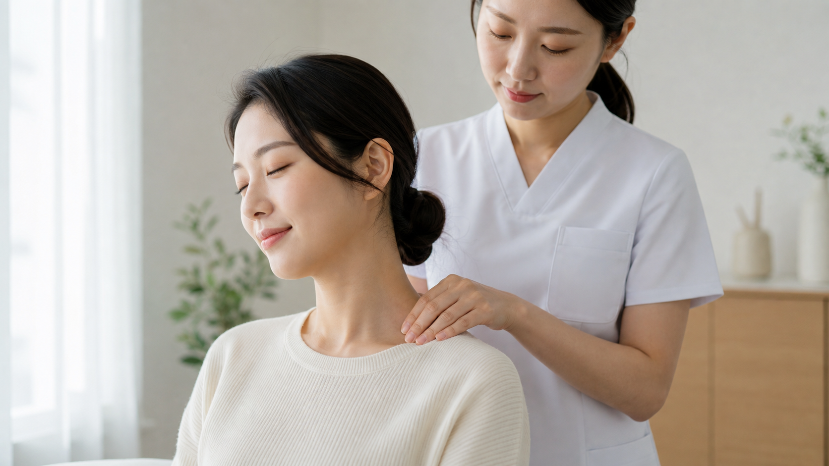 한국인 여성이 어깨와 목 부위를 손으로 관리받는 사진
