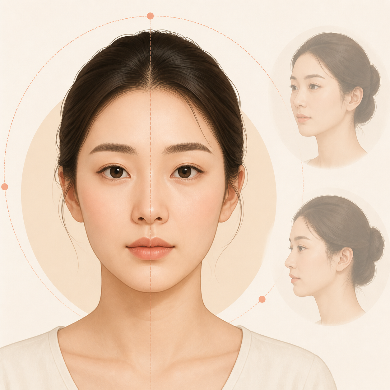 얼굴의 자연스러운 좌우 차이와 촬영 각도의 영향을 보여 주는 일러스트