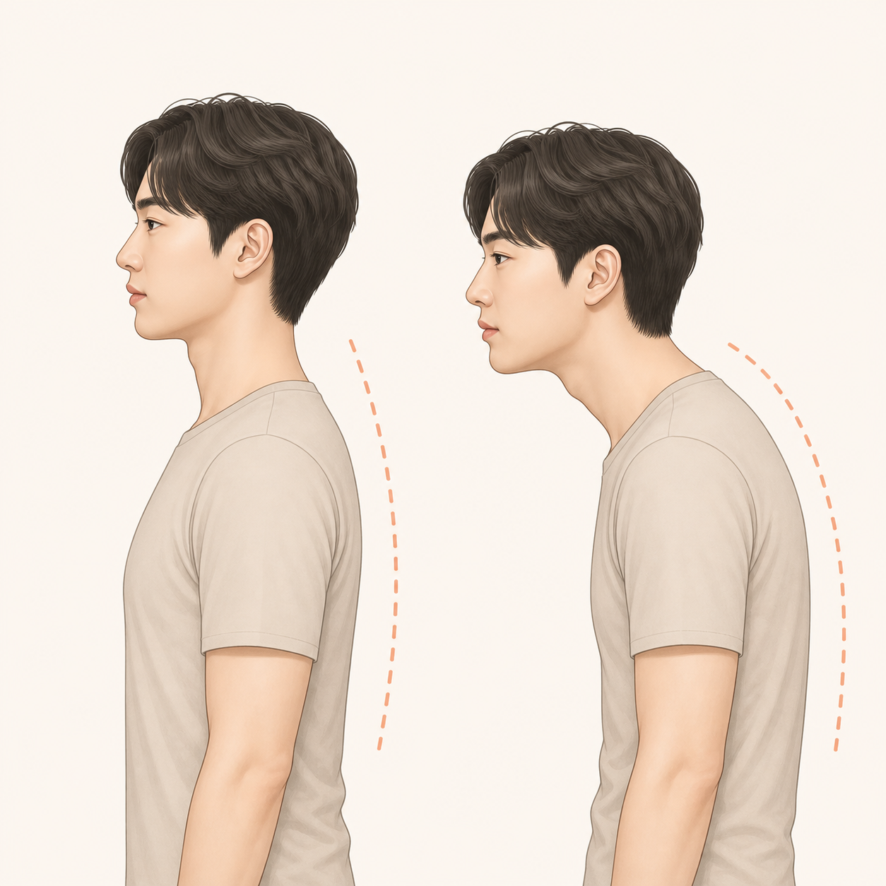 머리가 몸통 위에 놓인 자세와 앞으로 나온 자세를 비교한 일러스트