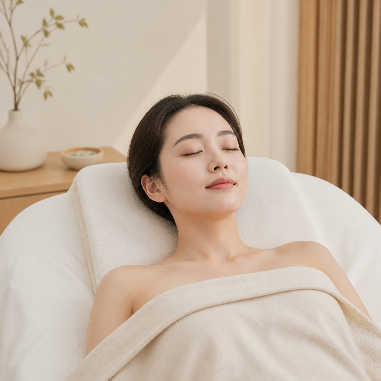 편안한 자세로 휴식하는 에스테틱 관리 장면