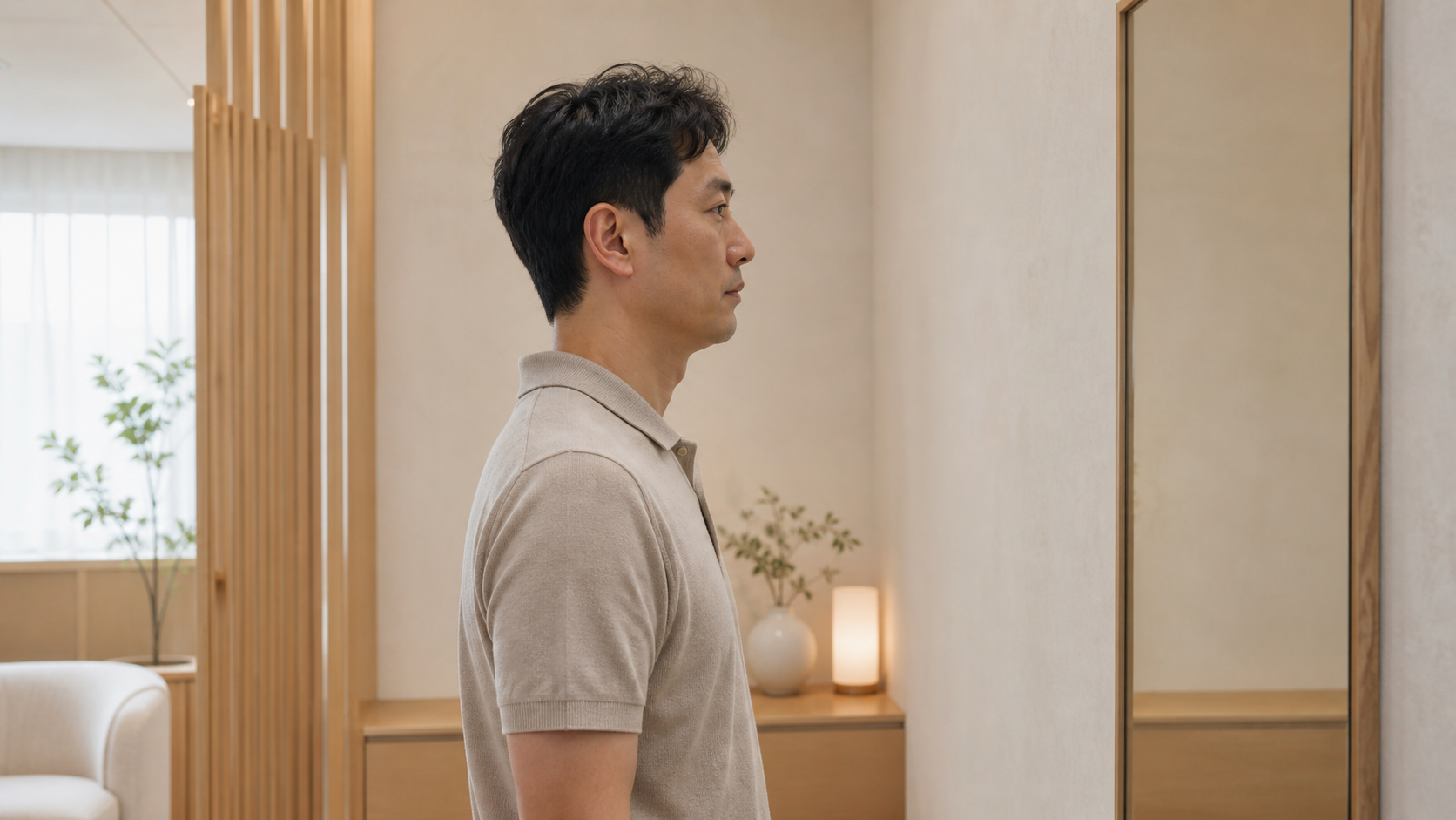 남성이 옆으로 서서 머리와 목이 일직선인 상태로 정면을 응시한다.