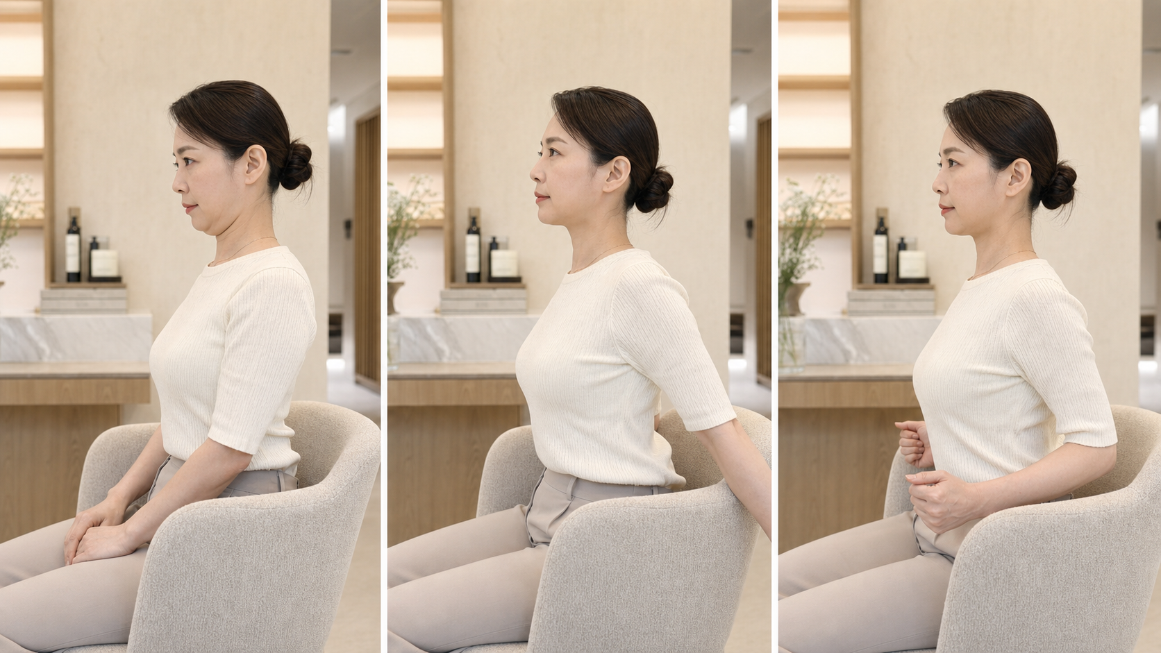 여성이 의자에 앉아 등을 펴고 어깨를 뒤로 당겨 거북목을 교정하는 3단계 동작.