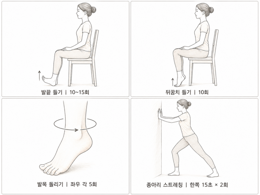 Illustrated guide to toe raises, heel raises, ankle circles, and a calf stretch