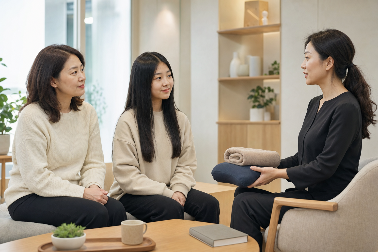 한국인 청소년과 보호자가 함께 관리사에게 키즈테라피 상담을 받는 사진