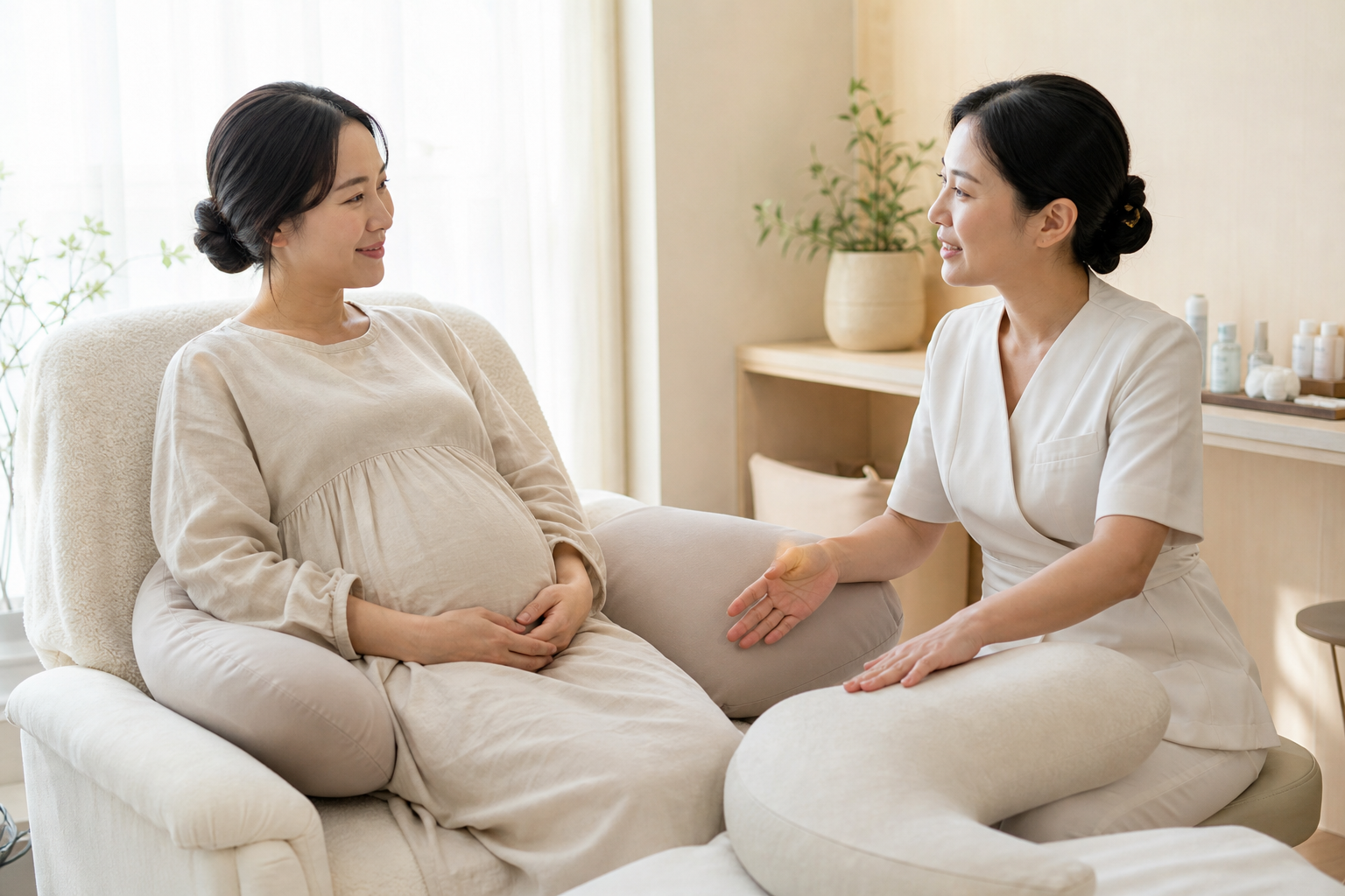 임신한 한국인 여성이 쿠션을 받치고 앉아 관리사와 편안한 자세를 상담하는 사진