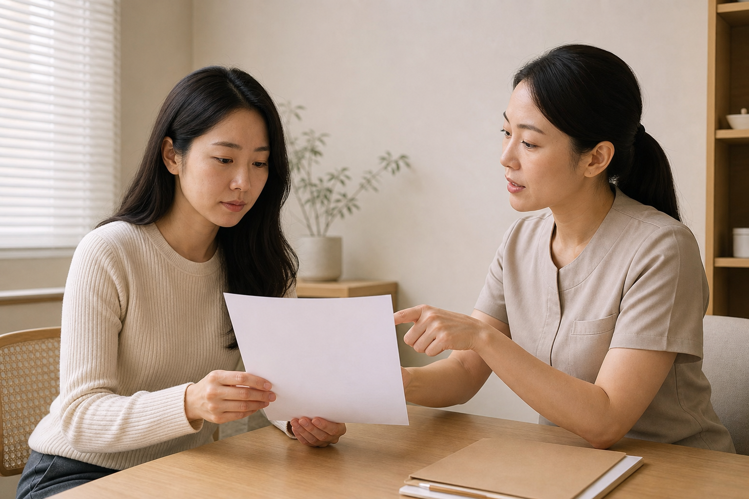 성형수술 장면이나 상처 없이 한국인 여성이 상담실에서 의료진 안내문을 확인하고 에스테틱 관리사와 관리 가능 범위를 상의하는 사진
