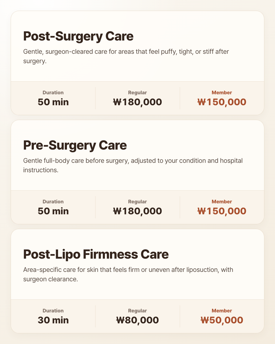 Meccrom post-surgery care services, session times, and prices