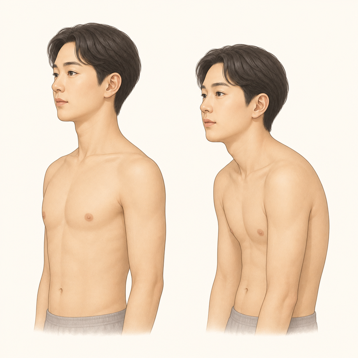 어깨가 편안하게 놓인 자세와 앞쪽으로 둥글게 놓인 자세를 비교한 일러스트