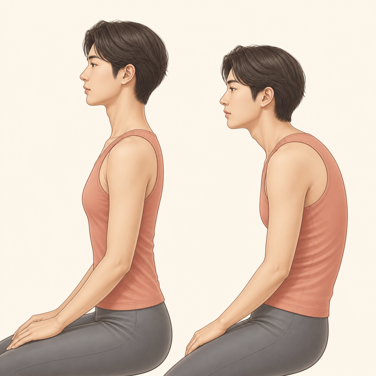 등이 편안하게 펴진 자세와 둥글게 굽어 보이는 자세를 비교한 일러스트