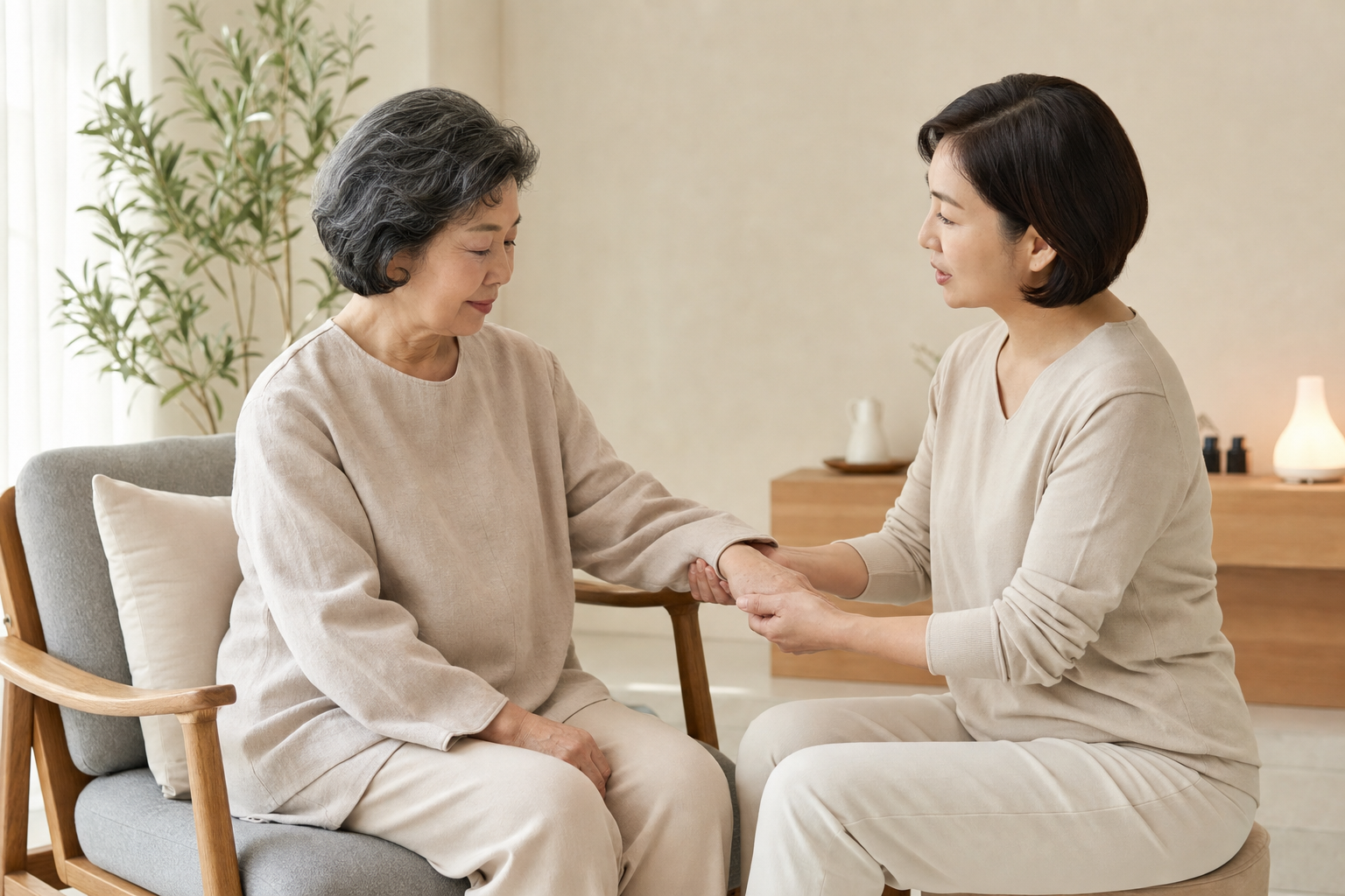 시니어 한국인 여성이 쿠션을 받치고 편안히 앉아 손과 팔에 부드러운 관리를 받는 사진