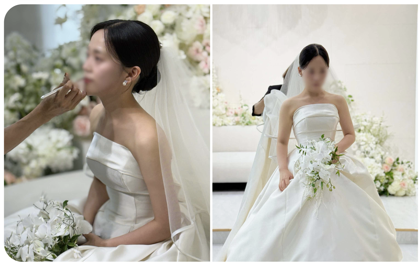 웨딩드레스를 입은 고객님의 메이크업 장면과 정면 모습을 나란히 담은 사진