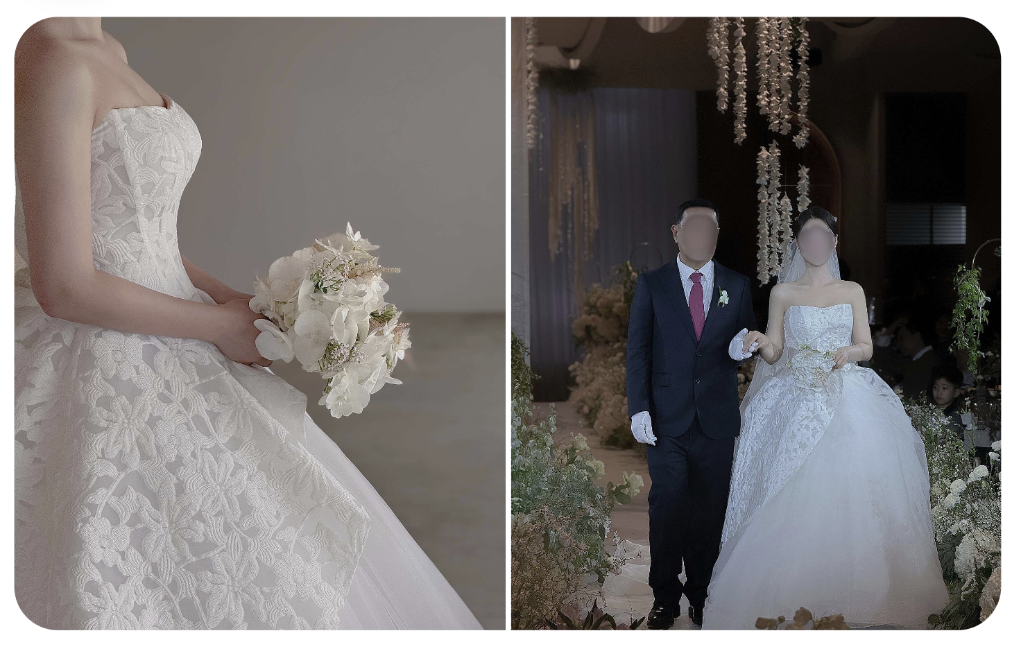 웨딩드레스 피팅 모습과 결혼식 당일 입장 장면을 나란히 담은 고객 사진
