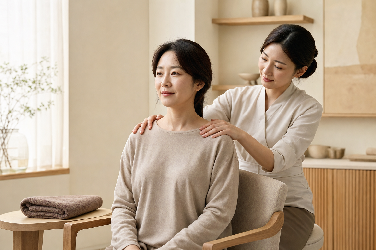한국인 여성이 차분한 에스테틱 공간에서 손으로 편안한 관리를 받는 사진