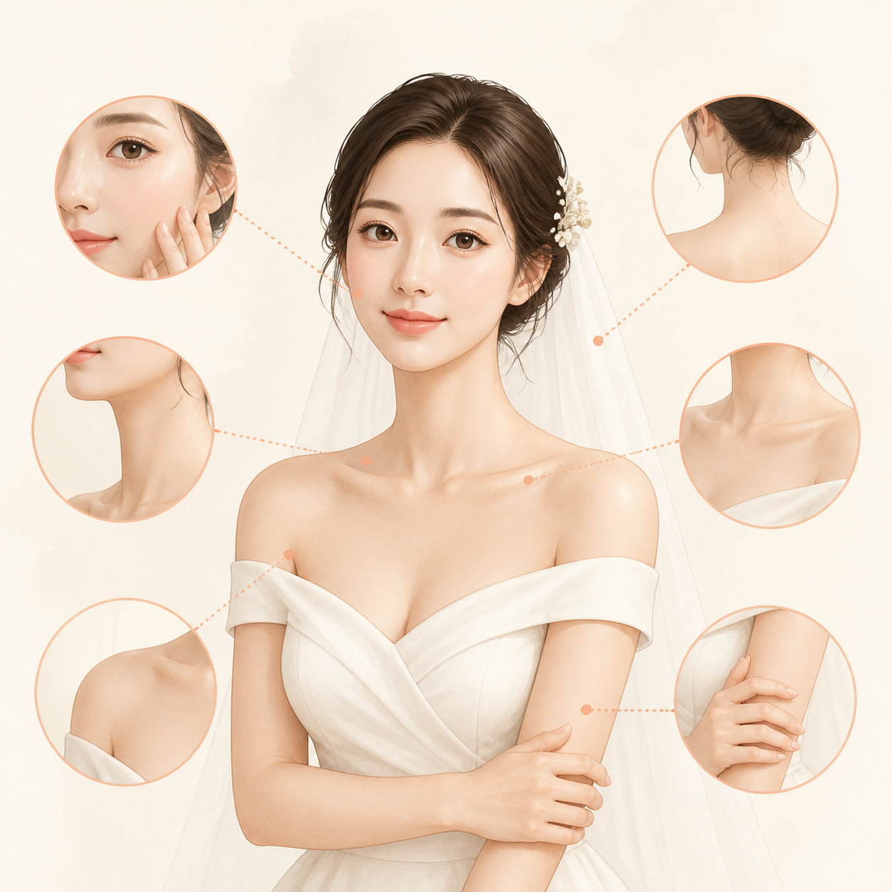 웨딩드레스에서 드러나는 얼굴과 상체 관리 부위를 표시한 일러스트