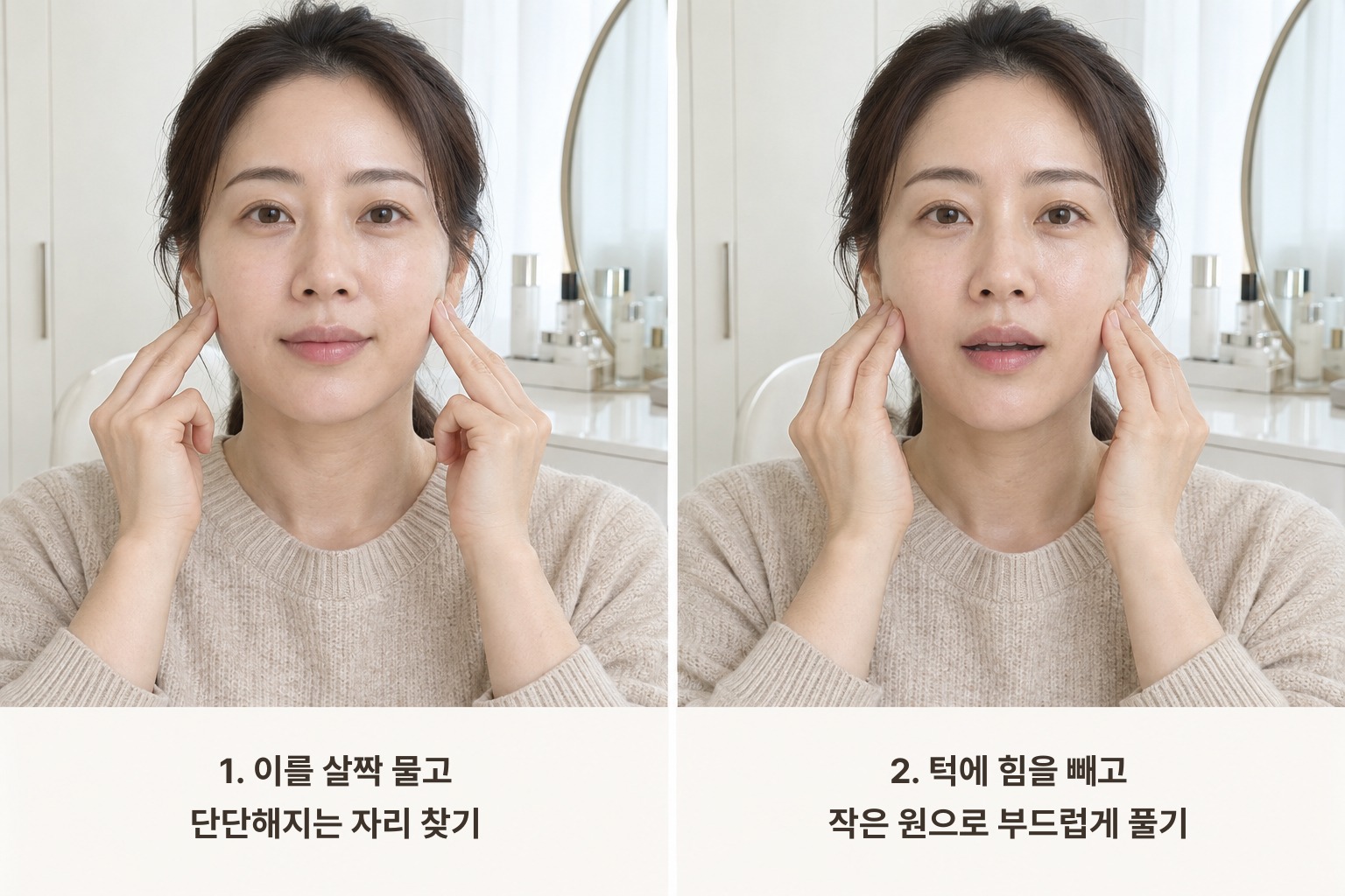교근 위치를 찾고 작은 원을 그리며 부드럽게 풀어 주는 셀프 마사지