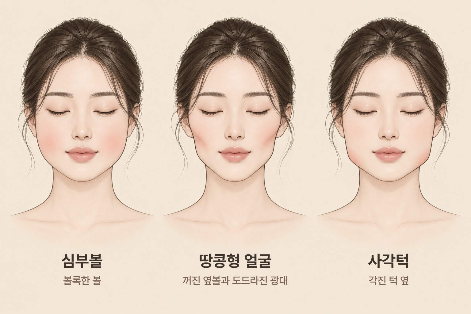 심부볼, 땅콩형 얼굴, 사각턱의 얼굴형 비교