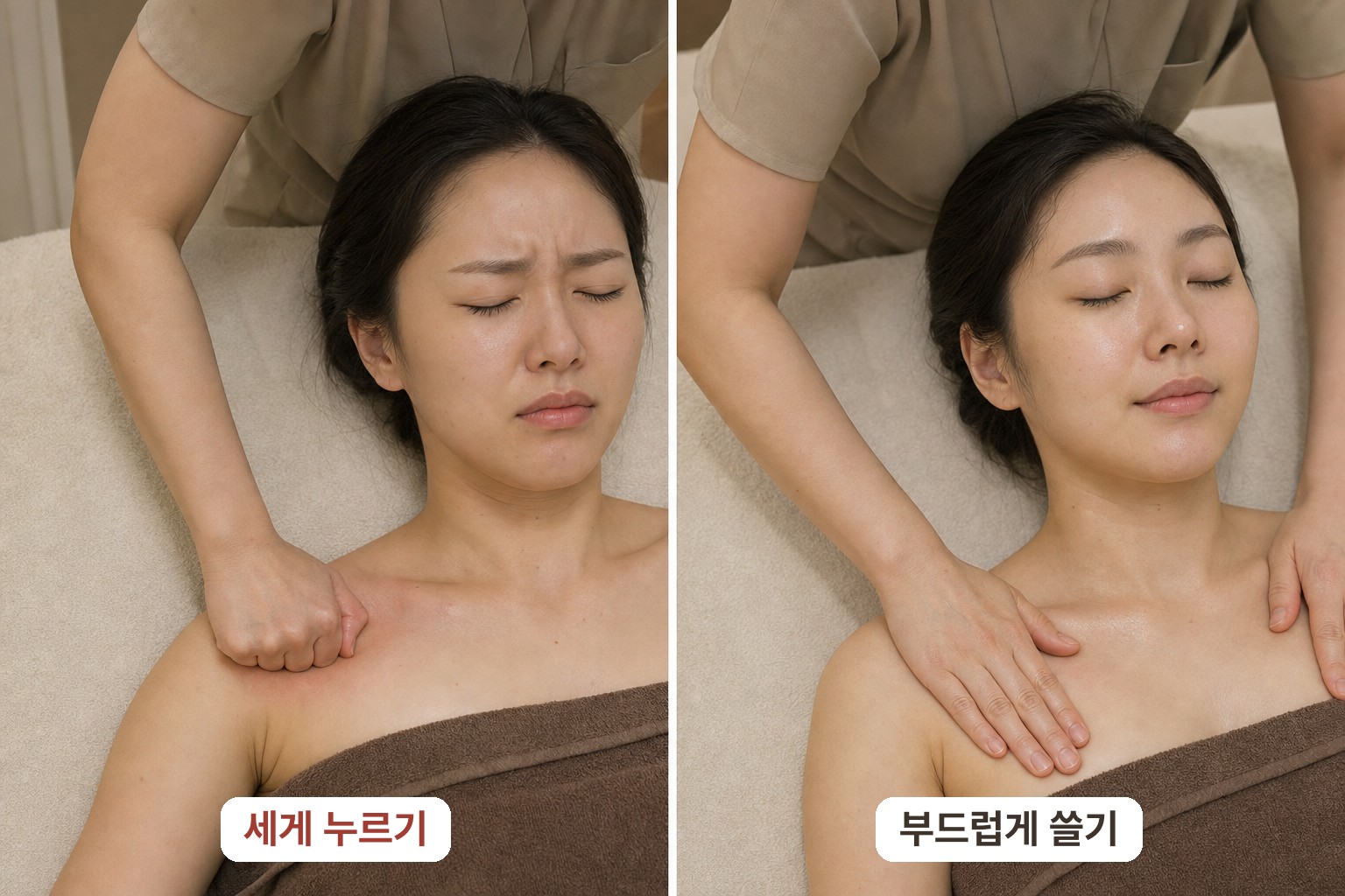데콜테 마사지의 강한 압과 부드러운 압 비교