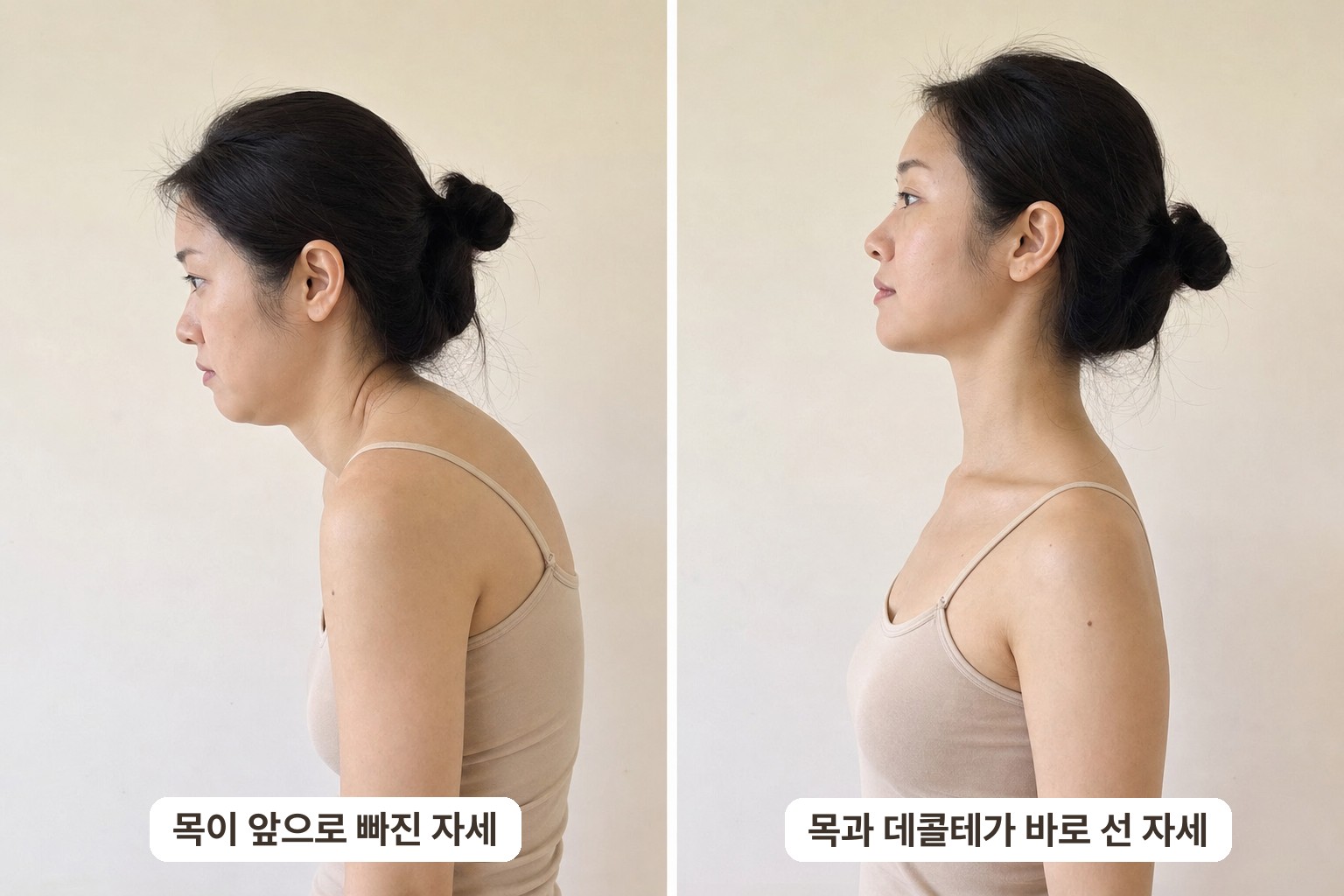 목 자세에 따른 목선과 턱선 비교