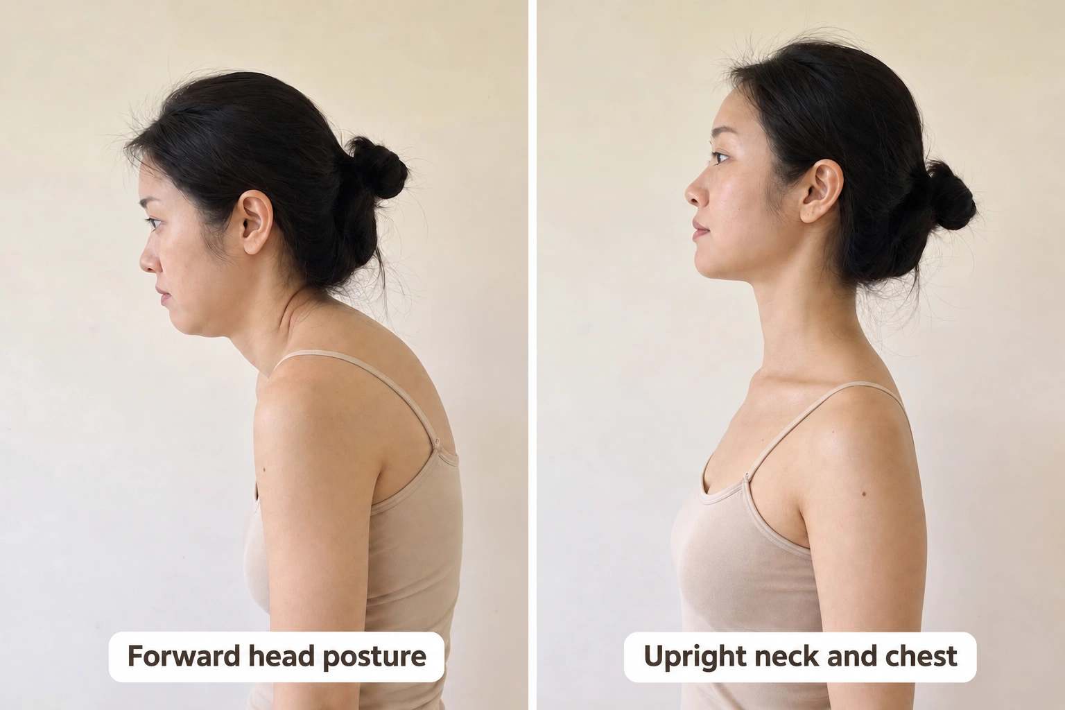 A side-by-side illustration of forward head posture and a more upright neck and chest