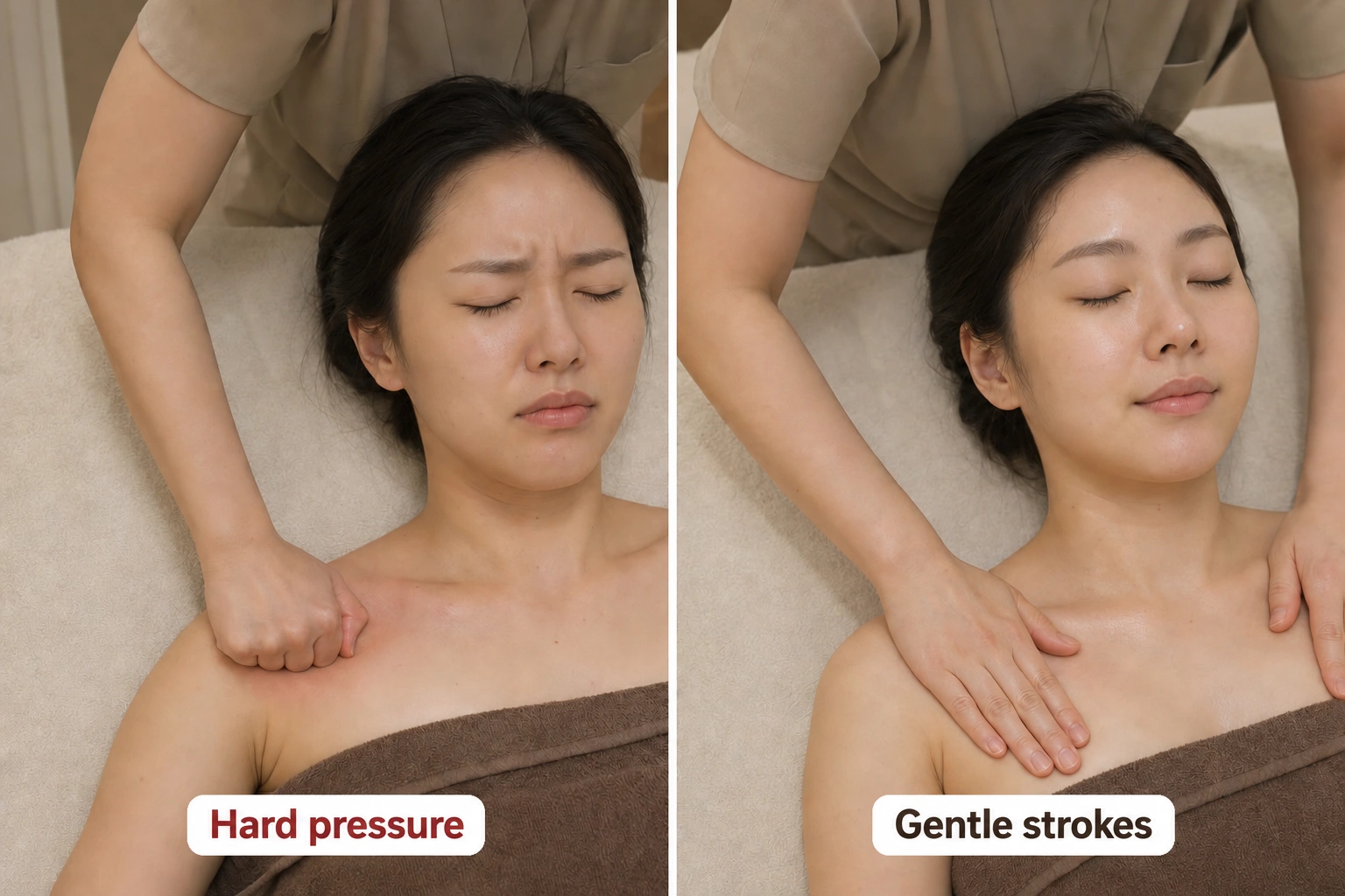 A comparison of forceful pressure with a fist and gentle strokes with an open palm