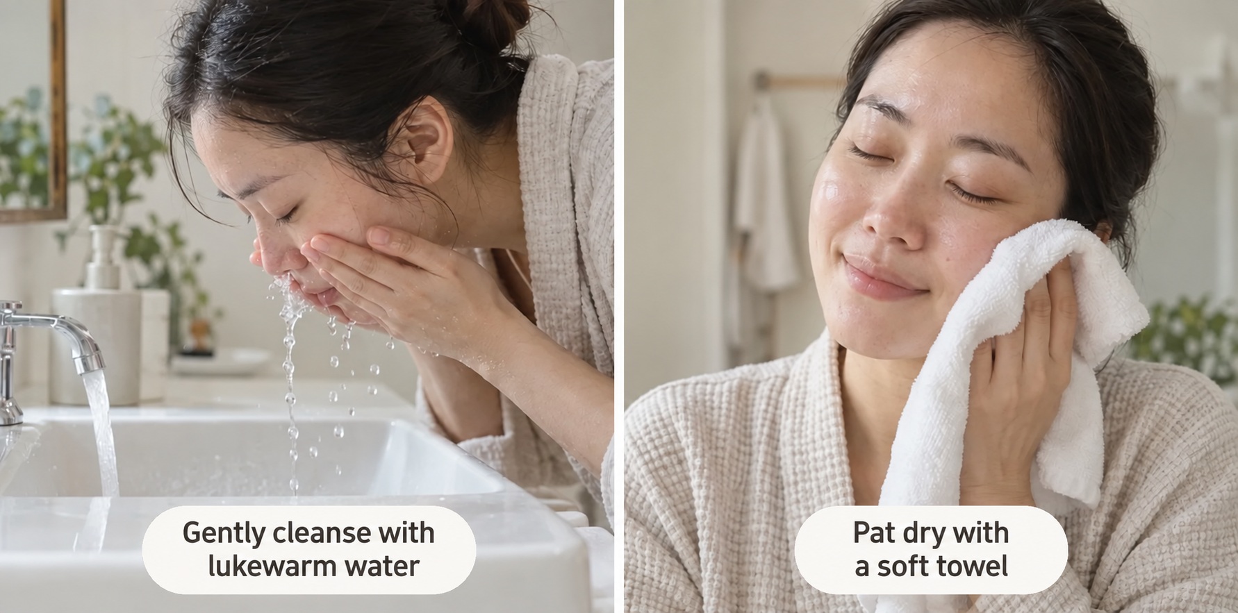 Lukewarm cleansing and patting dry