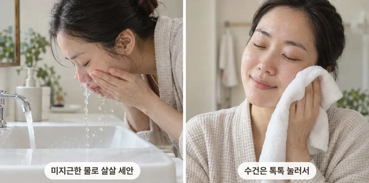 미지근한 물로 순하게 세안하고 수건으로 톡톡 눌러 닦는 두 장면